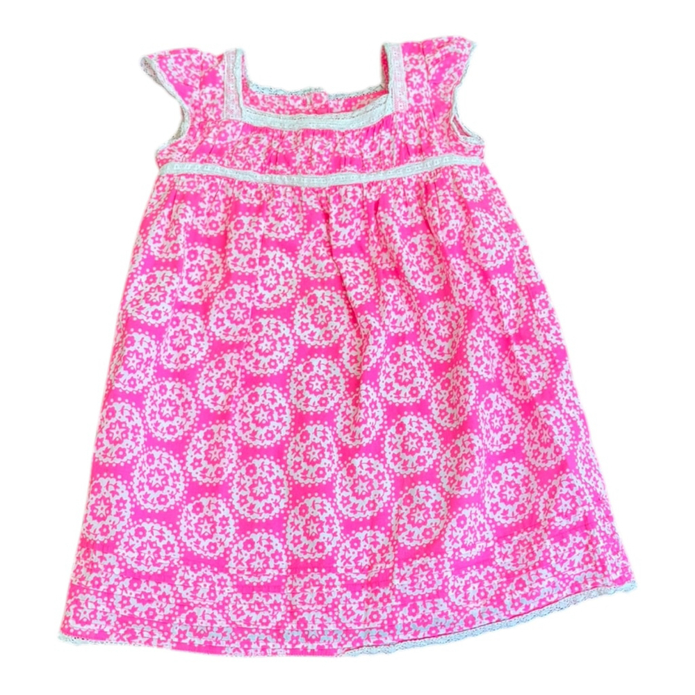Mini Boden Girls Dress Size 2-3Y – Pink Floral Medallion Print with Lace Trim